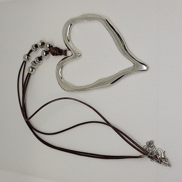 Felt's Fun Finds Jewelry - Beaded Accent Silver 3.5" Heart Brown Pleather 20" x 2" Extension Necklace